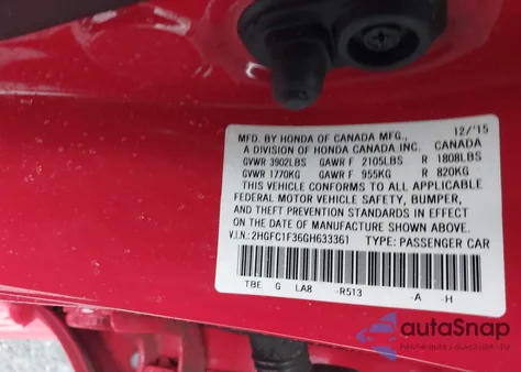 2016 Honda Civic Ex-T from USA, damaged, VIN 2HGFC1F36GH633361